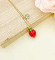 Strawberry Necklace, Fruit Red Strawberry Charm, Valentine Gift, Birthday Gift, Personized Initial Necklace, N4721B