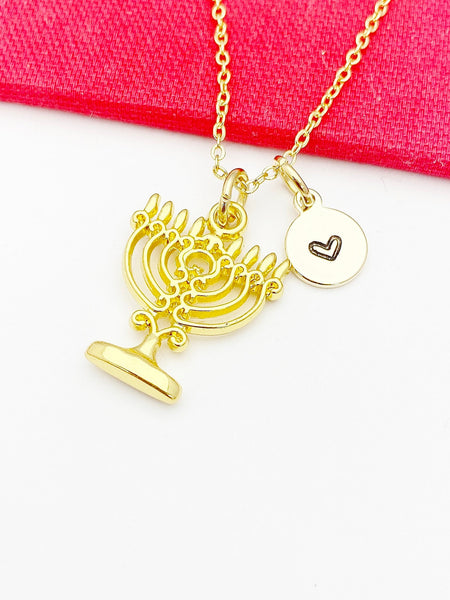 Menorah Necklace, Gold Candlestick Charm Peace Jewelry Gift, Birthday Gift, Personized Initial Necklace, N5026