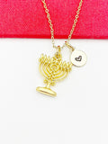 Menorah Necklace, Gold Candlestick Charm Peace Jewelry Gift, Birthday Gift, Personized Initial Necklace, N5026
