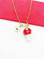 Mushroom Necklace, Red Mushroom Charm, Valentine Gift, Birthday Gift, Personized Initial Necklace, N5037