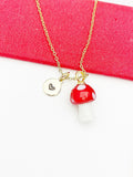 Mushroom Necklace, Red Mushroom Charm, Valentine Gift, Birthday Gift, Personized Initial Necklace, N5037