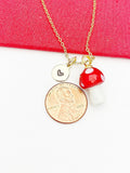 Mushroom Necklace, Red Mushroom Charm, Valentine Gift, Birthday Gift, Personized Initial Necklace, N5037