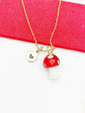 Mushroom Necklace, Red Mushroom Charm, Valentine Gift, Birthday Gift, Personized Initial Necklace, N5037