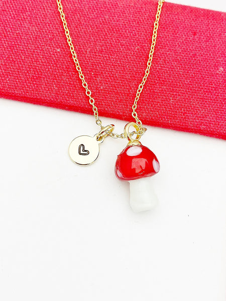 Mushroom Necklace, Red Mushroom Charm, Valentine Gift, Birthday Gift, Personized Initial Necklace, N5037