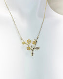 Japanese Cherry Blossom Necklace, Peach Plum Blossom Flower Twigs Branch, Gold Necklace, N5102