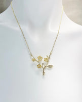 Japanese Cherry Blossom Necklace, Peach Plum Blossom Flower Twigs Branch, Gold Necklace, N5102