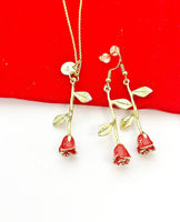 Valentine Gift for Girlfriends from Boyfriends, Red Rose Necklace, Gold Red Rose Earrings, Personized Gift, N5109