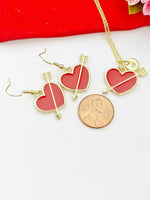 Valentine Gift for Girlfriends from Boyfriends, Red Heart Arrow Necklace, Cupid Arrow, Gold Red Heart Earrings, Personized Gift, N5111