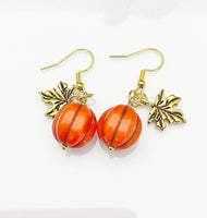 Orange Pumpkin Maple Leaf Earrings, Fall Autumn Gift, Halloween Earrings, N5080