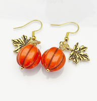 Orange Pumpkin Maple Leaf Earrings, Fall Autumn Gift, Halloween Earrings, N5080