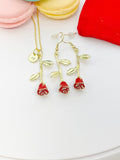 Valentine Gift for Girlfriends from Boyfriends, Red Rose Necklace, Gold Red Rose Earrings, Personized Gift, N5109