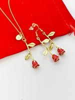 Valentine Gift for Girlfriends from Boyfriends, Red Rose Necklace, Gold Red Rose Earrings, Personized Gift, N5109