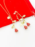 Valentine Gift for Girlfriends from Boyfriends, Red Rose Necklace, Gold Red Rose Earrings, Personized Gift, N5109