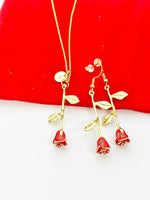 Valentine Gift for Girlfriends from Boyfriends, Red Rose Necklace, Gold Red Rose Earrings, Personized Gift, N5109