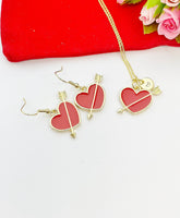 Valentine Gift for Girlfriends from Boyfriends, Red Heart Arrow Necklace, Cupid Arrow, Gold Red Heart Earrings, Personized Gift, N5111