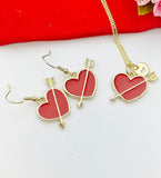 Valentine Gift for Girlfriends from Boyfriends, Red Heart Arrow Necklace, Cupid Arrow, Gold Red Heart Earrings, Personized Gift, N5111