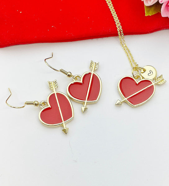 Valentine Gift for Girlfriends from Boyfriends, Red Heart Arrow Necklace, Cupid Arrow, Gold Red Heart Earrings, Personized Gift, N5111