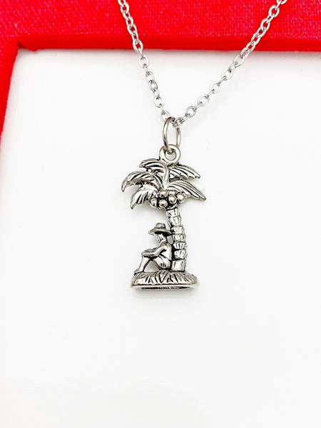 Man Under Coconut Tree Necklace, Silver Necklace, Birthday Gift, Good Luck Charm Gifts, AN201