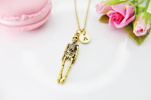 Gold Skeleton Necklace, Halloween Gift, Personized Gift, N449G