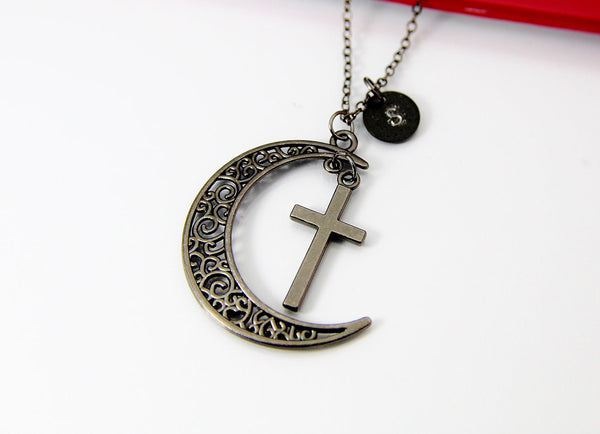 Black Cross Celestial Moon Charm Necklace Gift, Celestial Necklace, Celestial Jewelry, Personalized Gift, N2090-A