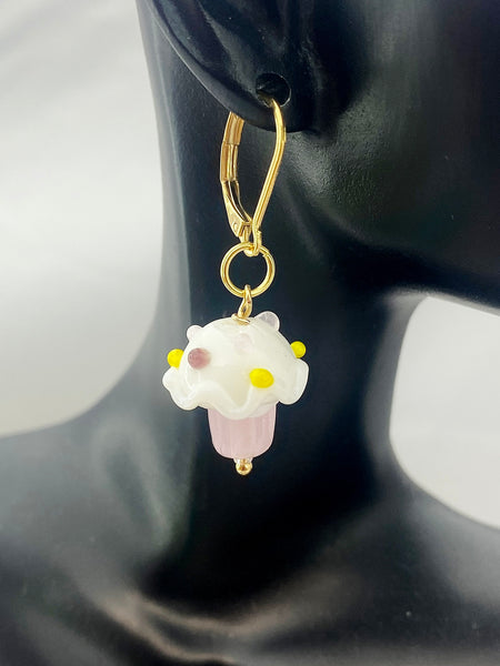 Gold Cupcake Earrings, Handmade Lampwork Pink Cupcake Charm, Bakery Gift, AN5154