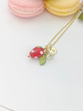 Gold Strawberry Necklace, Handmade Lampwork Strawberry Charm, Personized Initial Necklace, N5155