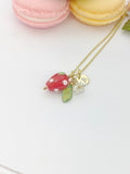 Gold Strawberry Necklace, Lampwork Charm, Personalized Initial