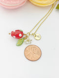 Gold Strawberry Necklace, Handmade Lampwork Strawberry Charm, Personized Initial Necklace, N5155