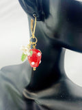 Gold Strawberry Earrings, Handmade Lampwork Red Strawberry Charm, Bakery Gift, N5155A