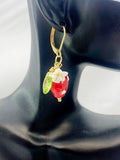 Gold Strawberry Earrings, Handmade Lampwork Red Strawberry Charm, Bakery Gift, N5155A