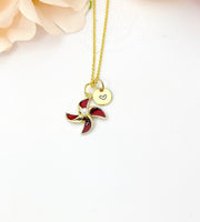 Pinwheel Necklace, Gold Beautiful Pinwheel Necklace, Red, Windmill Toy, Birthday Gift, N5171B