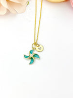 Pinwheel Necklace, Gold Beautiful Pinwheel Necklace, Mint Blue Turquoise, Windmill Toy, Birthday Gift, N5171C