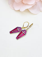 Red Coffin with Cross Earrings, Gold over Stainless Steel Earrings, N3686-A