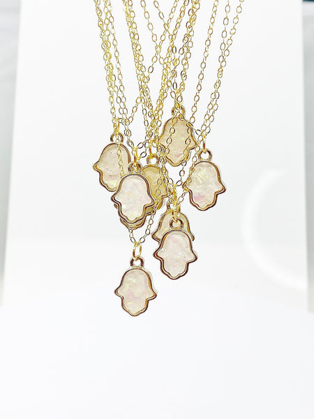 Gold Hamsa Necklace, Hand Charm, Opal Hamsa Charm, White Imitation Opal Charm, Personalized Gift, N1484-A