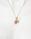 Gold Strawberry Necklace, Lampwork Charm, Personalized Initial