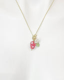 Gold Strawberry Necklace, Handmade Lampwork Strawberry Charm, Personized Initial Necklace, N5155