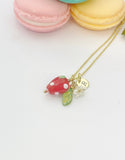 Gold Strawberry Necklace, Lampwork Charm, Personalized Initial