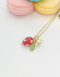 Gold Strawberry Necklace, Handmade Lampwork Strawberry Charm, Personized Initial Necklace, N5155