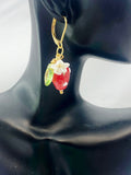 Gold Strawberry Earrings, Handmade Lampwork Red Strawberry Charm, Bakery Gift, N5155A
