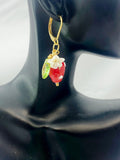 Gold Strawberry Earrings, Handmade Lampwork Red Strawberry Charm, Bakery Gift, N5155A