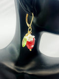 Gold Strawberry Earrings, Handmade Lampwork Red Strawberry Charm, Bakery Gift, N5155A