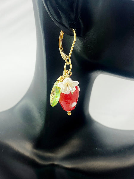 Gold Strawberry Earrings, Handmade Lampwork Red Strawberry Charm, Bakery Gift, N5155A