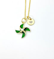 Pinwheel Necklace, Gold Beautiful Pinwheel Necklace, Green, Windmill Toy, Birthday Gift, N5171E