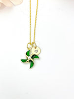 Pinwheel Necklace, Gold Beautiful Pinwheel Necklace, Green, Windmill Toy, Birthday Gift, N5171E