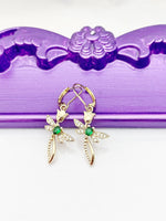 Gold Cross Tulip Green Dragonfly Earrings Birthday Gift, NL367