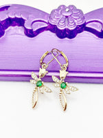 Gold Cross Tulip Green Dragonfly Earrings Birthday Gift, NL367