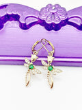 Gold Cross Tulip Green Dragonfly Earrings Birthday Gift, NL367