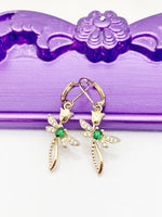 Gold Cross Tulip Green Dragonfly Earrings Birthday Gift, NL367