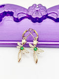 Gold Cross Tulip Green Dragonfly Earrings Birthday Gift, NL367