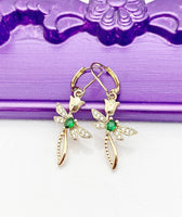 Gold Cross Tulip Green Dragonfly Earrings Birthday Gift, NL367